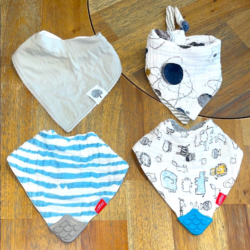 Nuby Little Unicorn Parker Baby Bandana Bib Set Teether Reversible Blue Gray 4pc